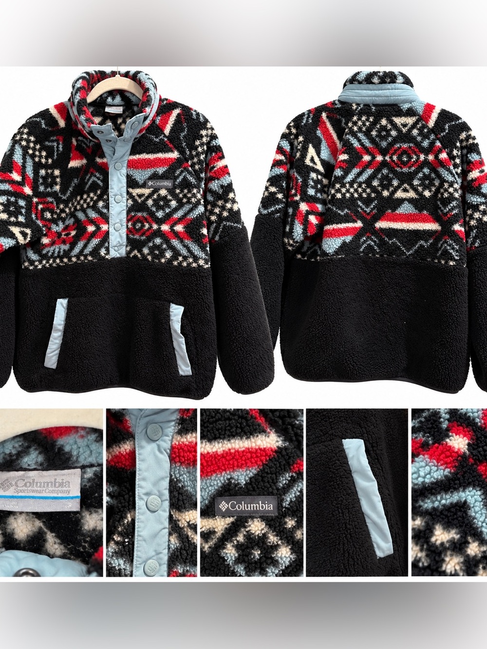 Columbia Black Red and Light Blue Patterned Sherpa Pullover